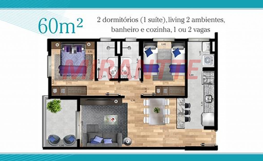 Apartamento de 60m² com 2 quartos em Parada Inglesa