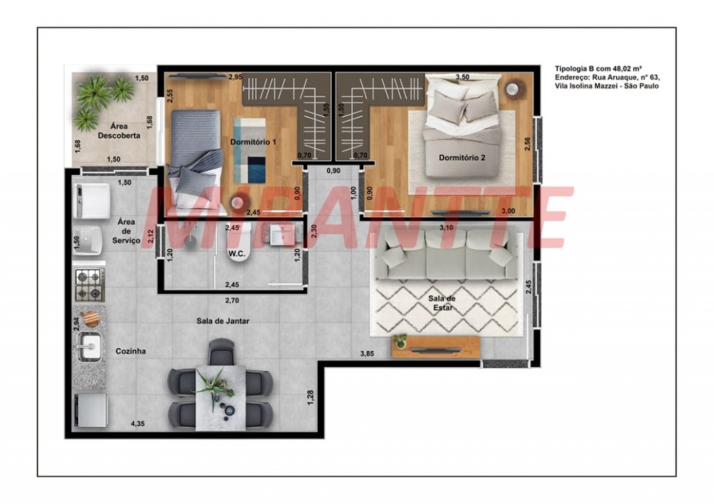 Apartamento de 48m² com 2 quartos em Vila Isolina Mazzei