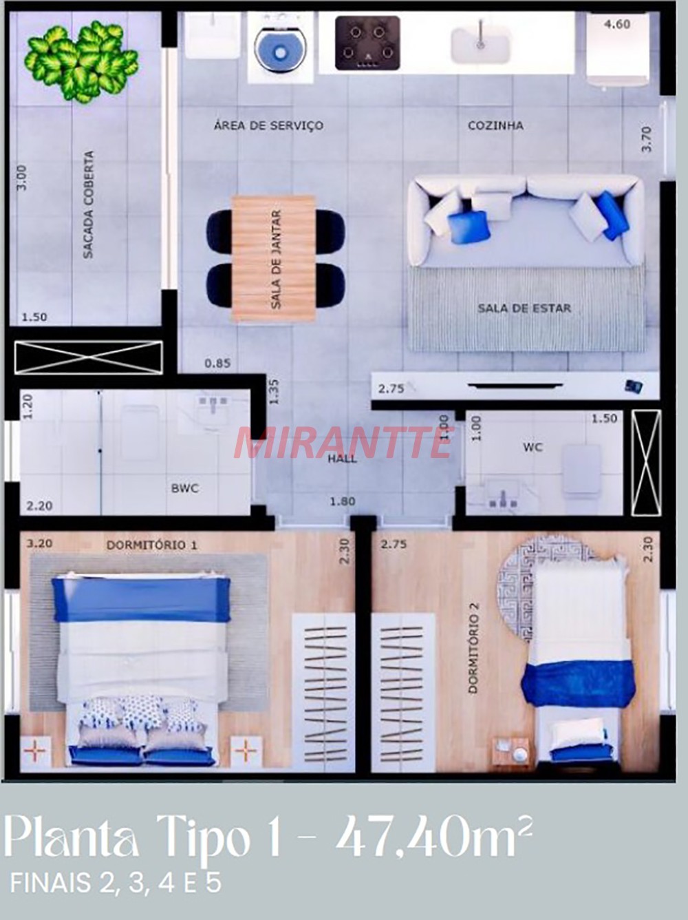 Apartamento de 51.2m² com 2 quartos em Água Fria