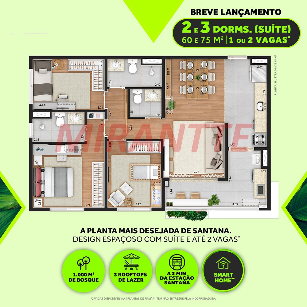 Apartamento de 75m² com 3 quartos em Santana