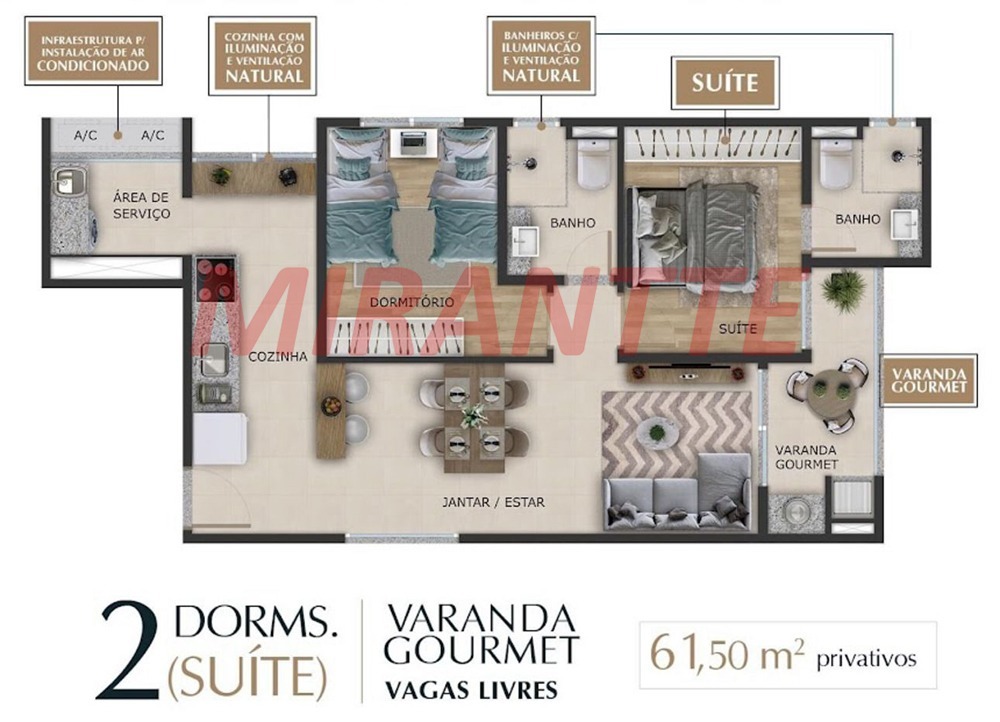 Apartamento de 61.5m² com 2 quartos em Lauzane Paulista