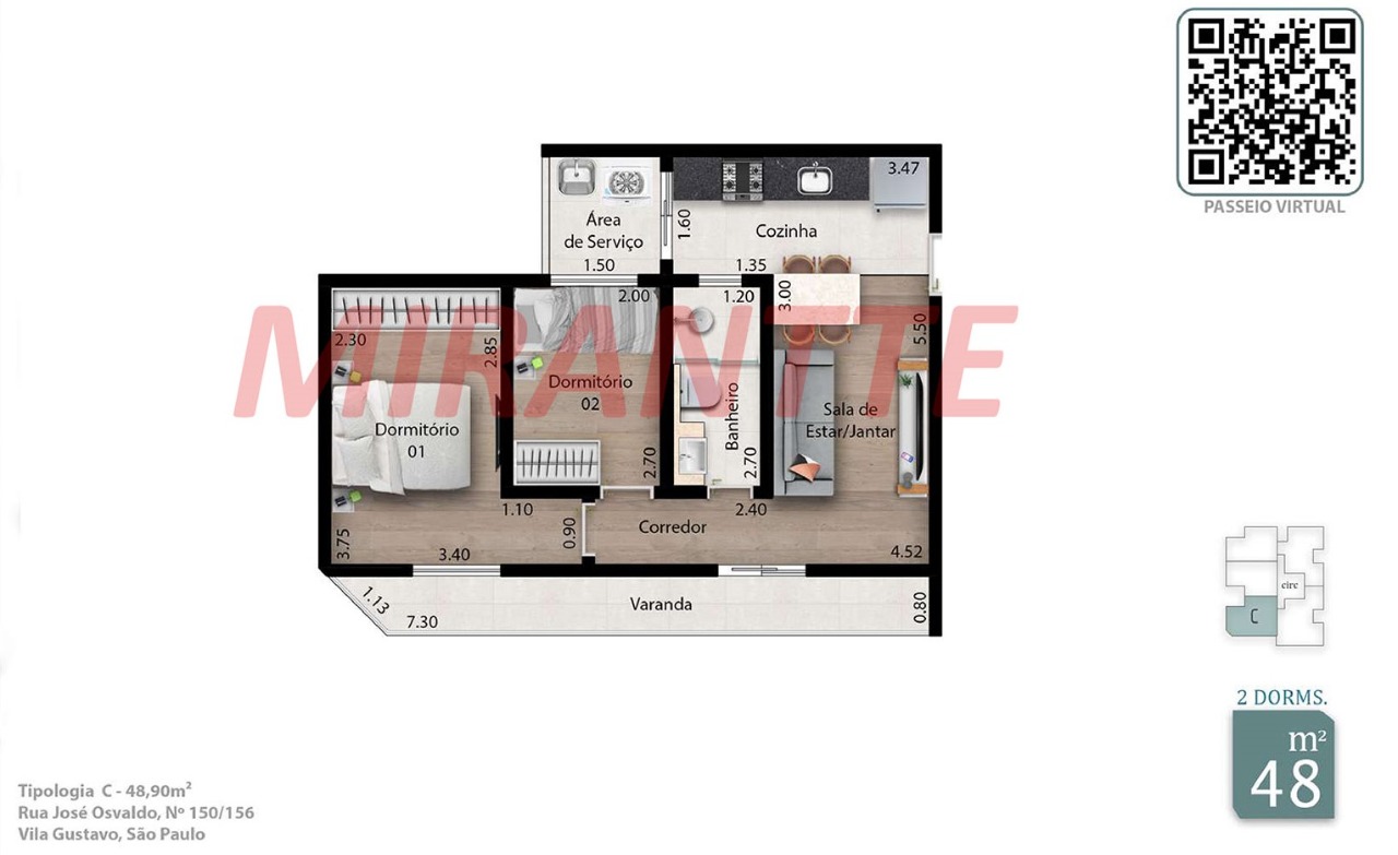 Apartamento de 48.9m² com 2 quartos em Vila Gustavo