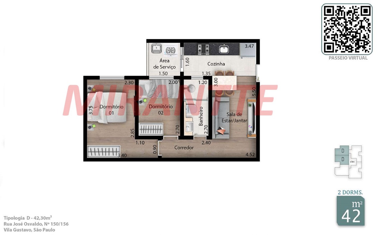 Apartamento de 48.9m² com 2 quartos em Vila Gustavo