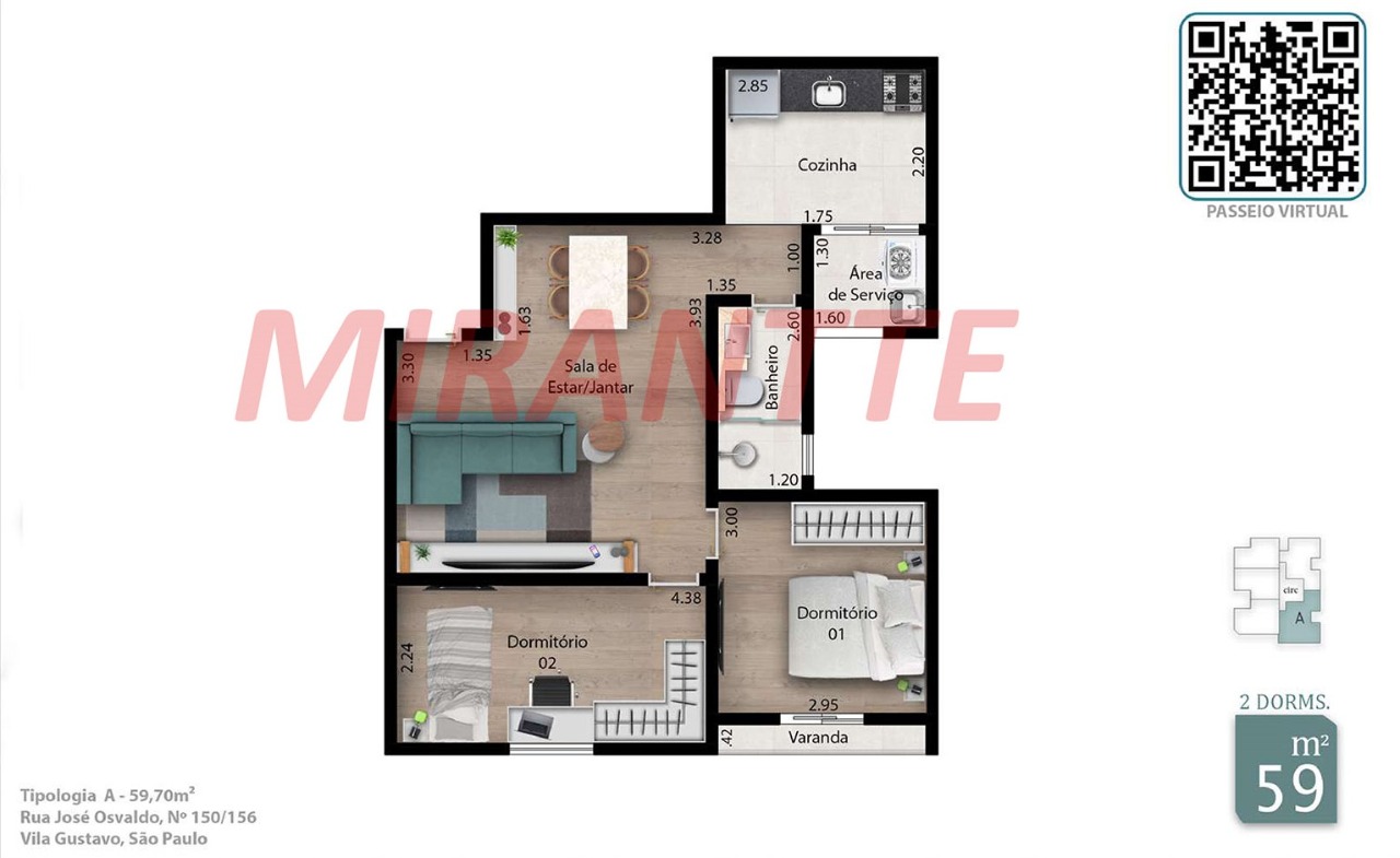 Apartamento de 59.7m² com 2 quartos em Vila Gustavo