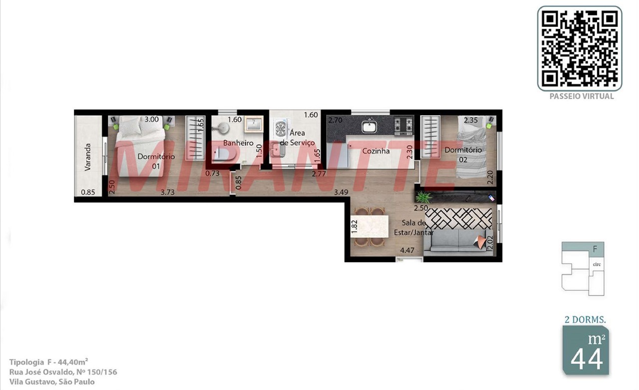 Apartamento de 44.4m² com 2 quartos em Vila Gustavo