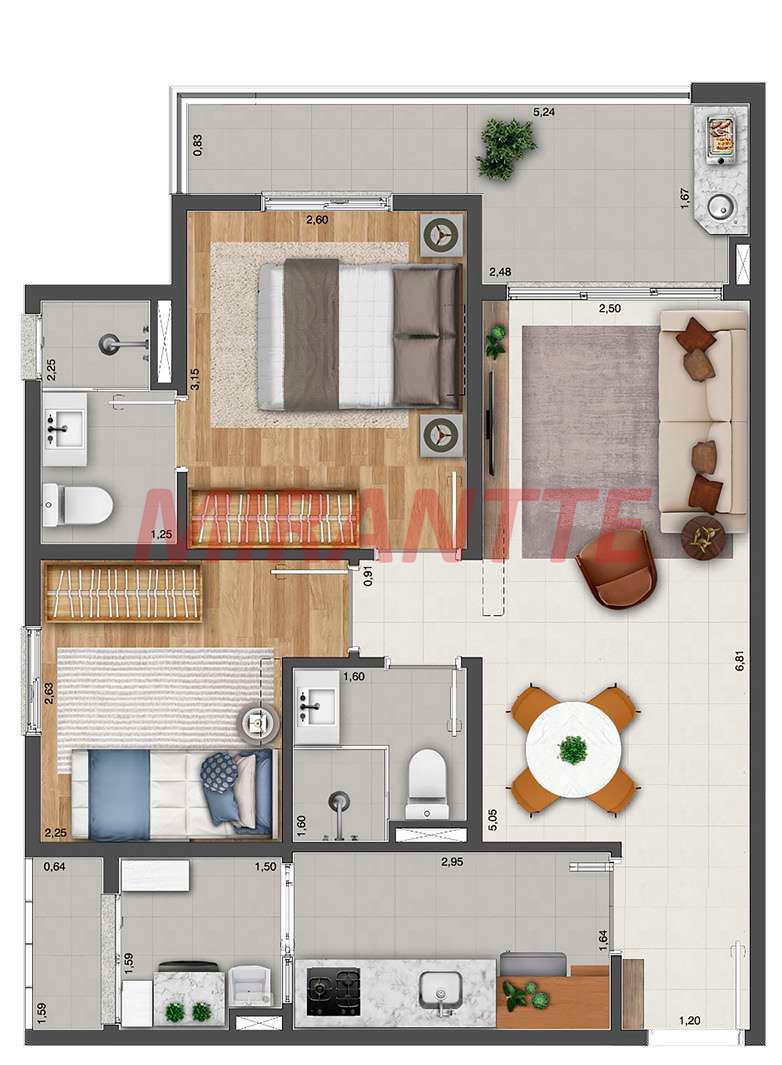 Apartamento de 58.24m² com 2 quartos em Chora Menino