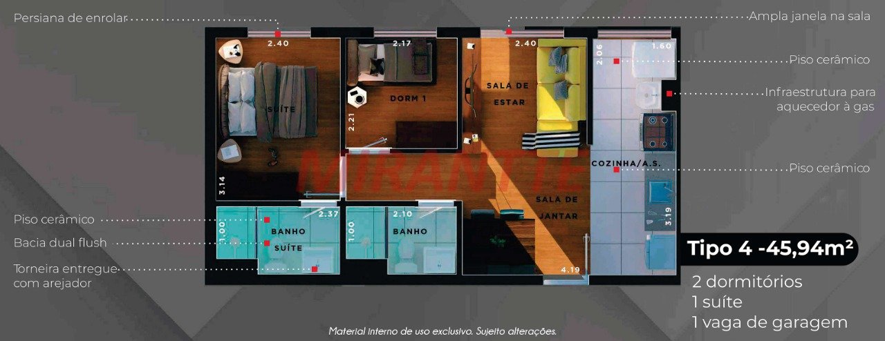 Apartamento de 45.31m² com 2 quartos em Vila Mazzei