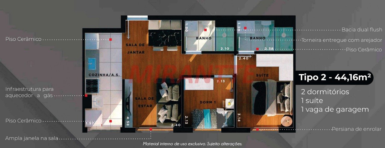 Apartamento de 34.58m² com 2 quartos em Vila Mazzei