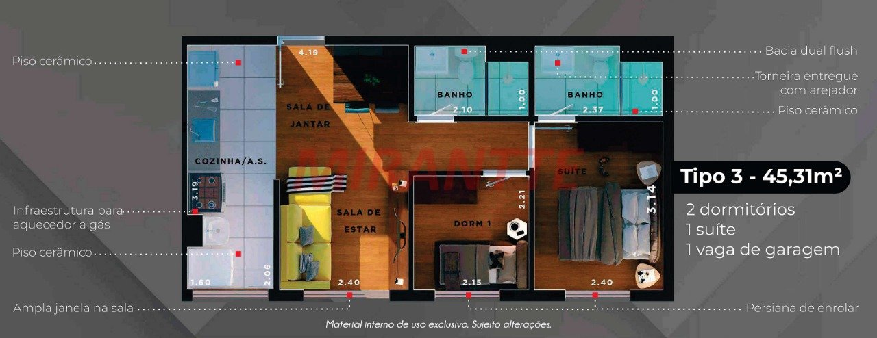 Apartamento de 52.76m² com 2 quartos em Vila Mazzei