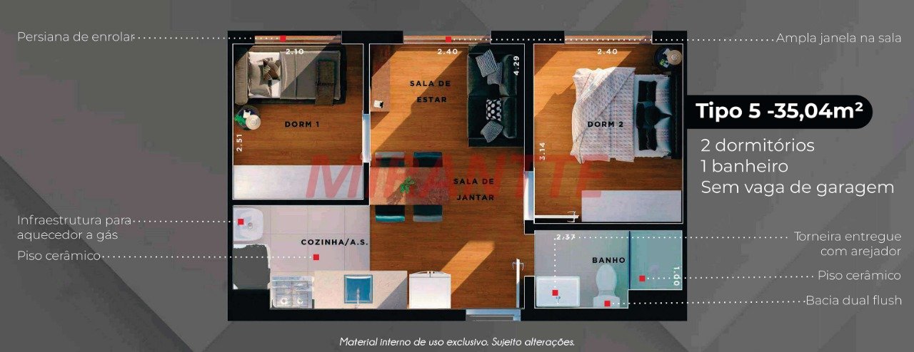 Apartamento de 52.76m² com 2 quartos em Vila Mazzei