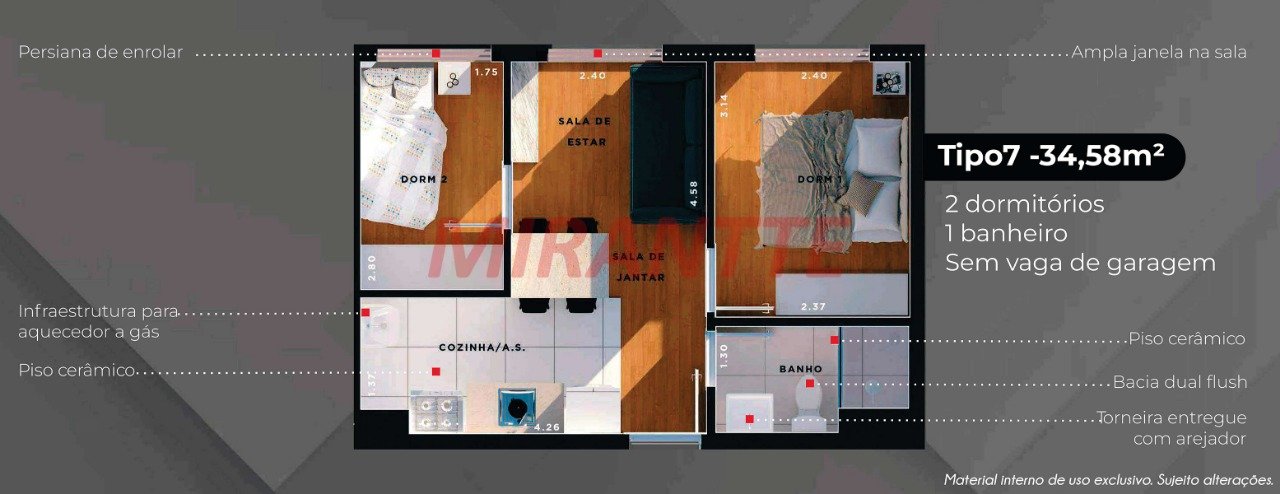Apartamento de 52.76m² com 2 quartos em Vila Mazzei